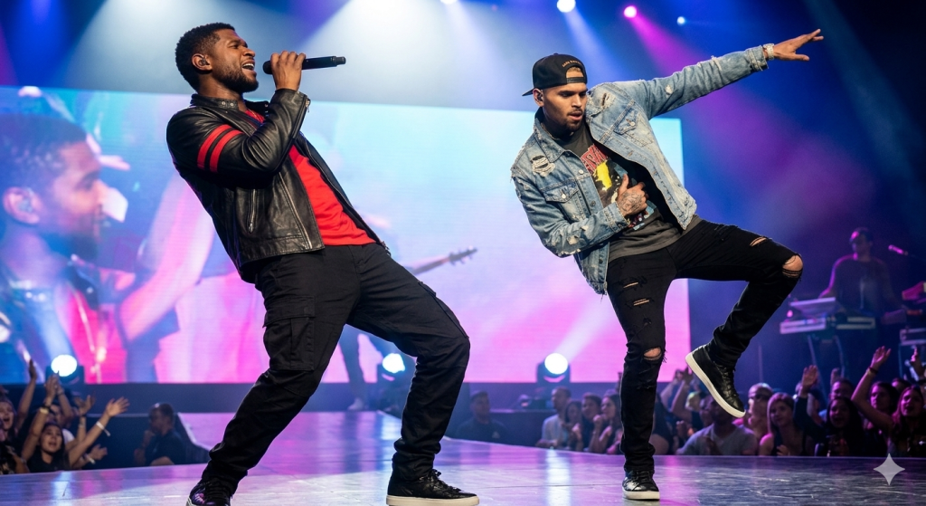 Usher in a black leather jacket singing into a microphone next to Chris Brown dancing in a denim jacket on a brightly lit concert stage.