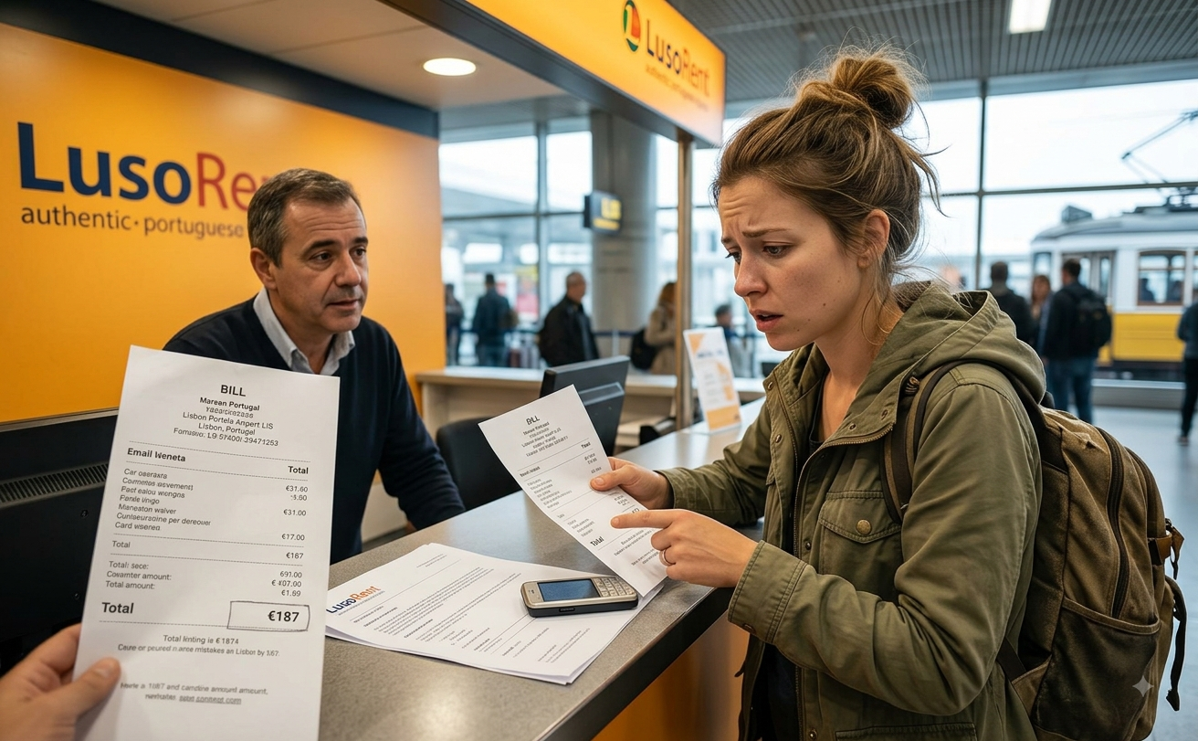 A stressed young woman with a backpack holding a detailed receipt at a Lisbon car rental counter, looking shocked as the agent presents a bill showing €187 in total fees.
